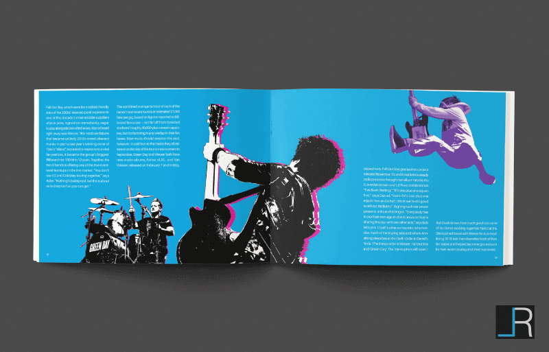 Hella Mega Tour Spread 3: Black-pink and purple llustrations on a blue background